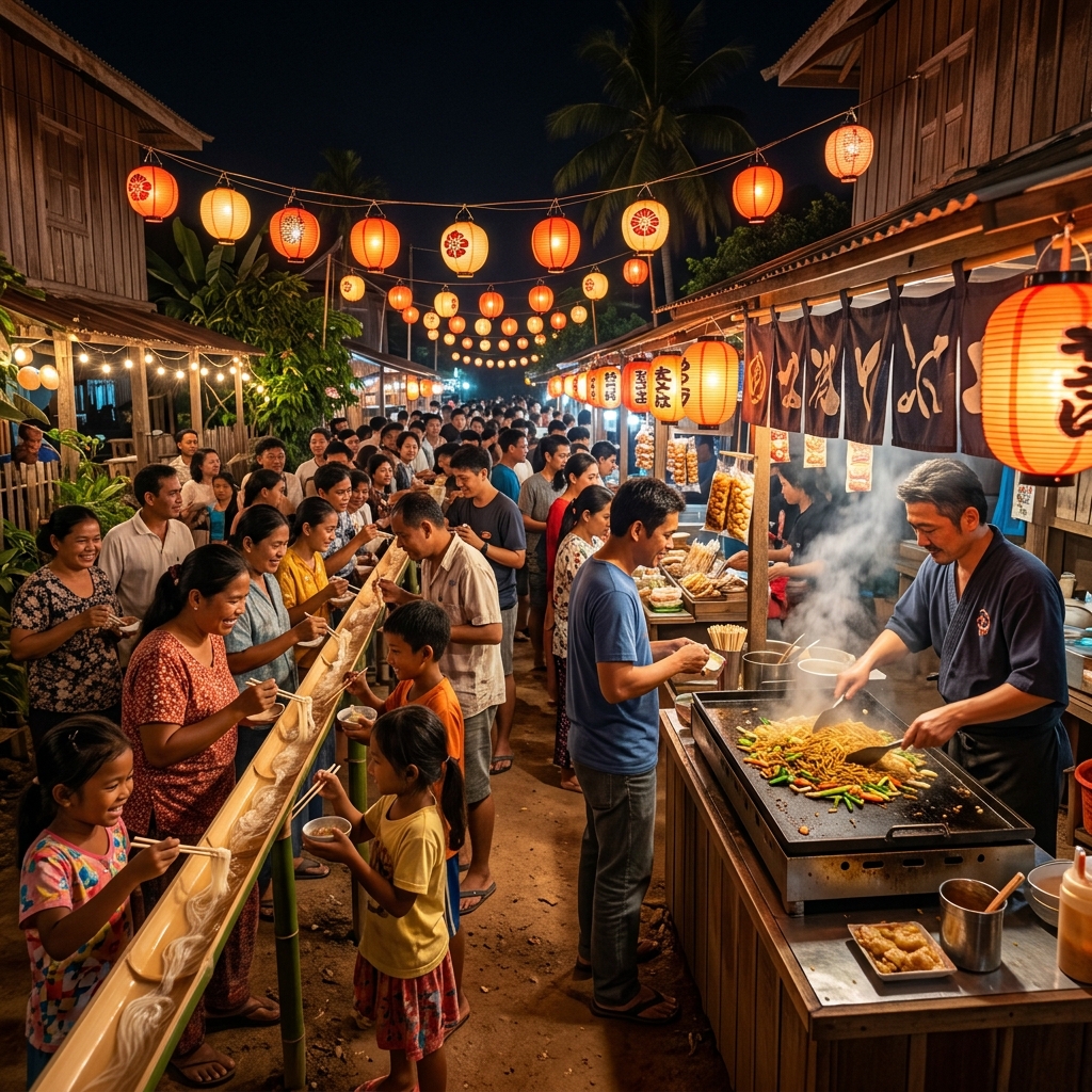 カンボジアの夜の屋台と提灯